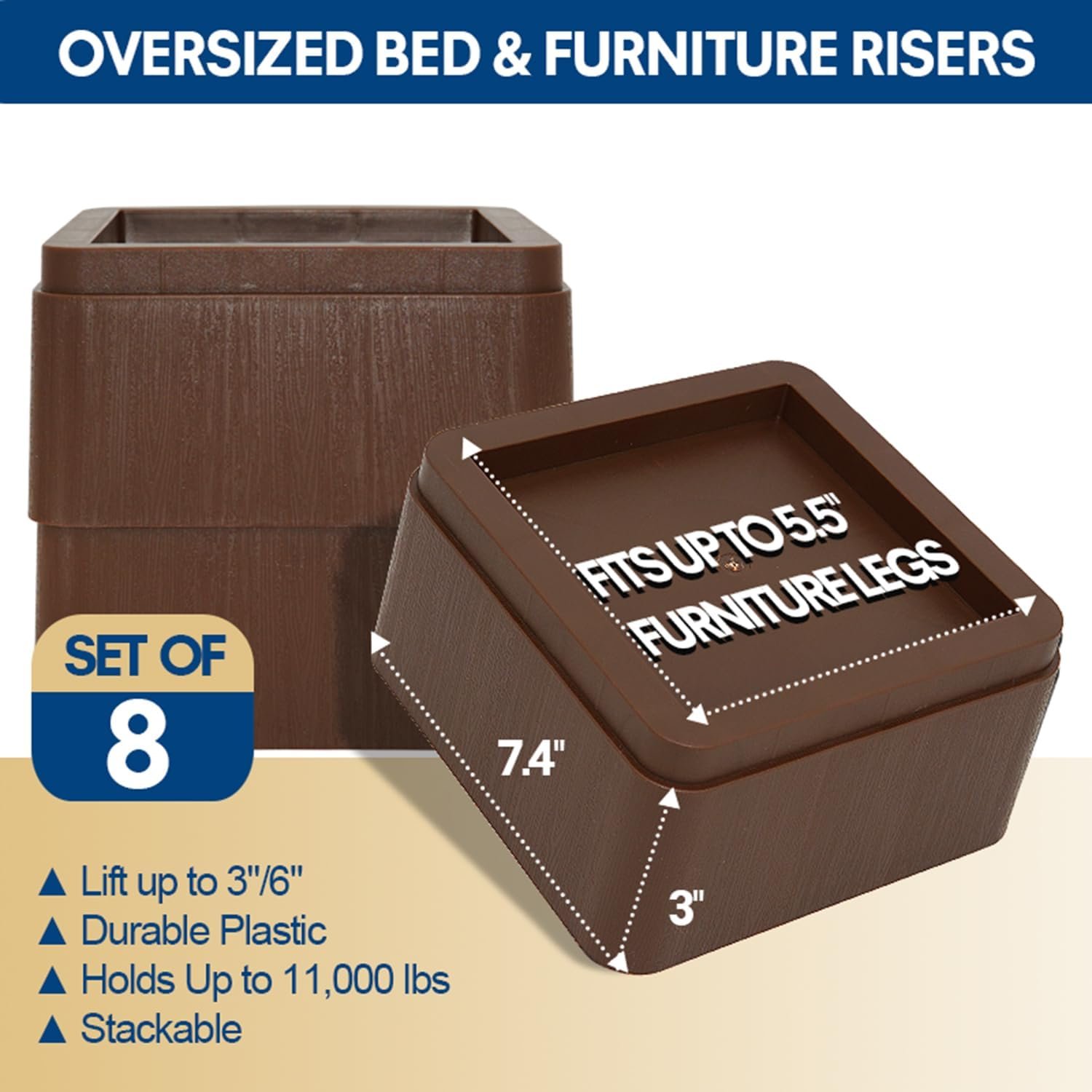 3-Inch Oversized Bed Risers - 8-Pack Stackable Furniture Elevators for 5.5" Wide Beds, Sofas, and Couches - Heavy-Duty Support Blocks, Holds Up to 11,000 lbs - Brown 3 1729517502 71 3 Inch Oversized Bed Risers 8 Pack Stackable Furniture Elevators for