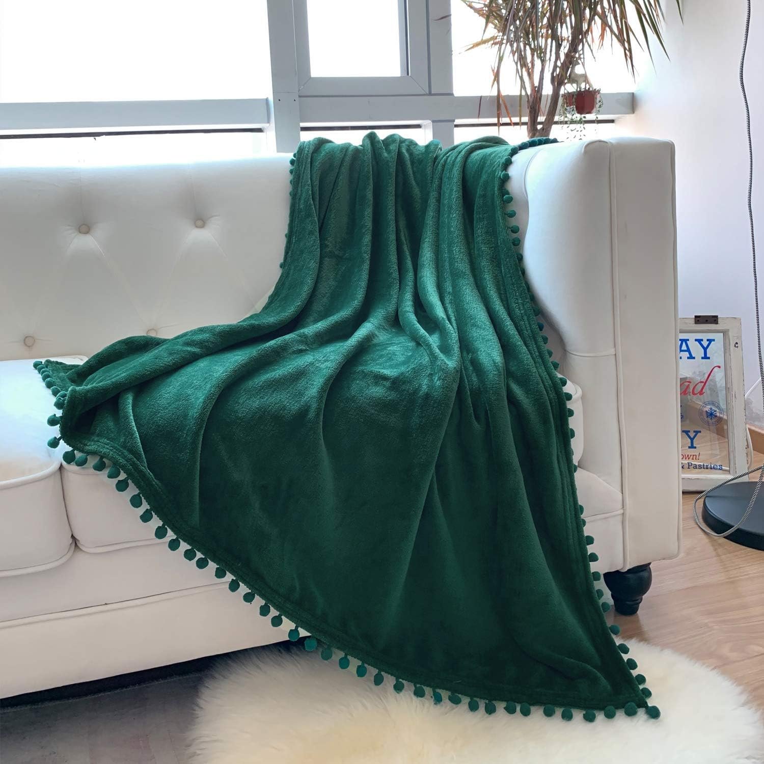 1729539525 112 LOMAO Lightweight Flannel Blanket with Pompom Fringe – Cozy Soft