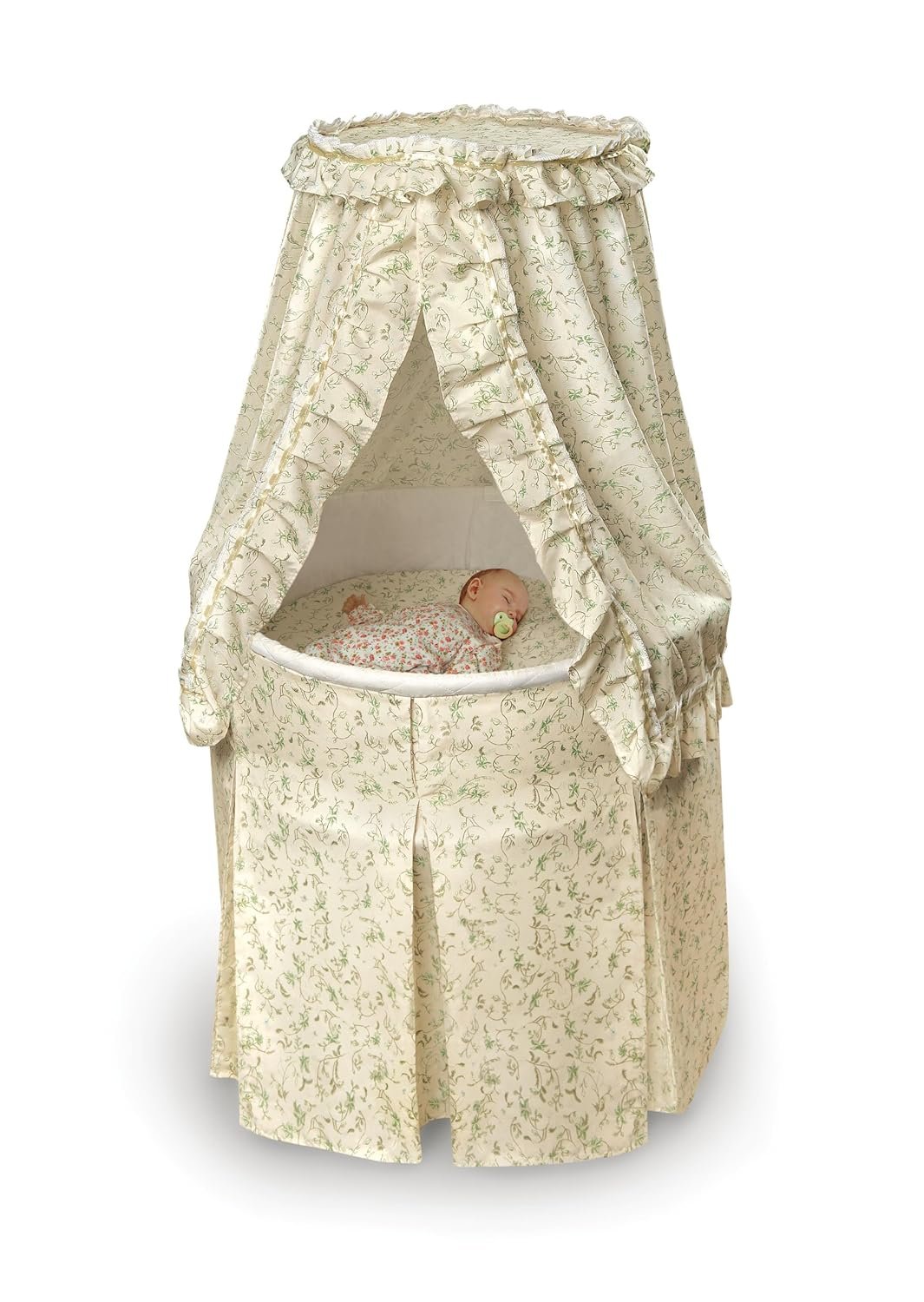 Badger Basket Empress Canopy Bassinet: Rocking Baby Cradle with Mattress, Bedding, and Storage - Ecru/Leaf, Round Design 3 1729673432 277 Badger Basket Empress Canopy Bassinet Rocking Baby Cradle with Mattress