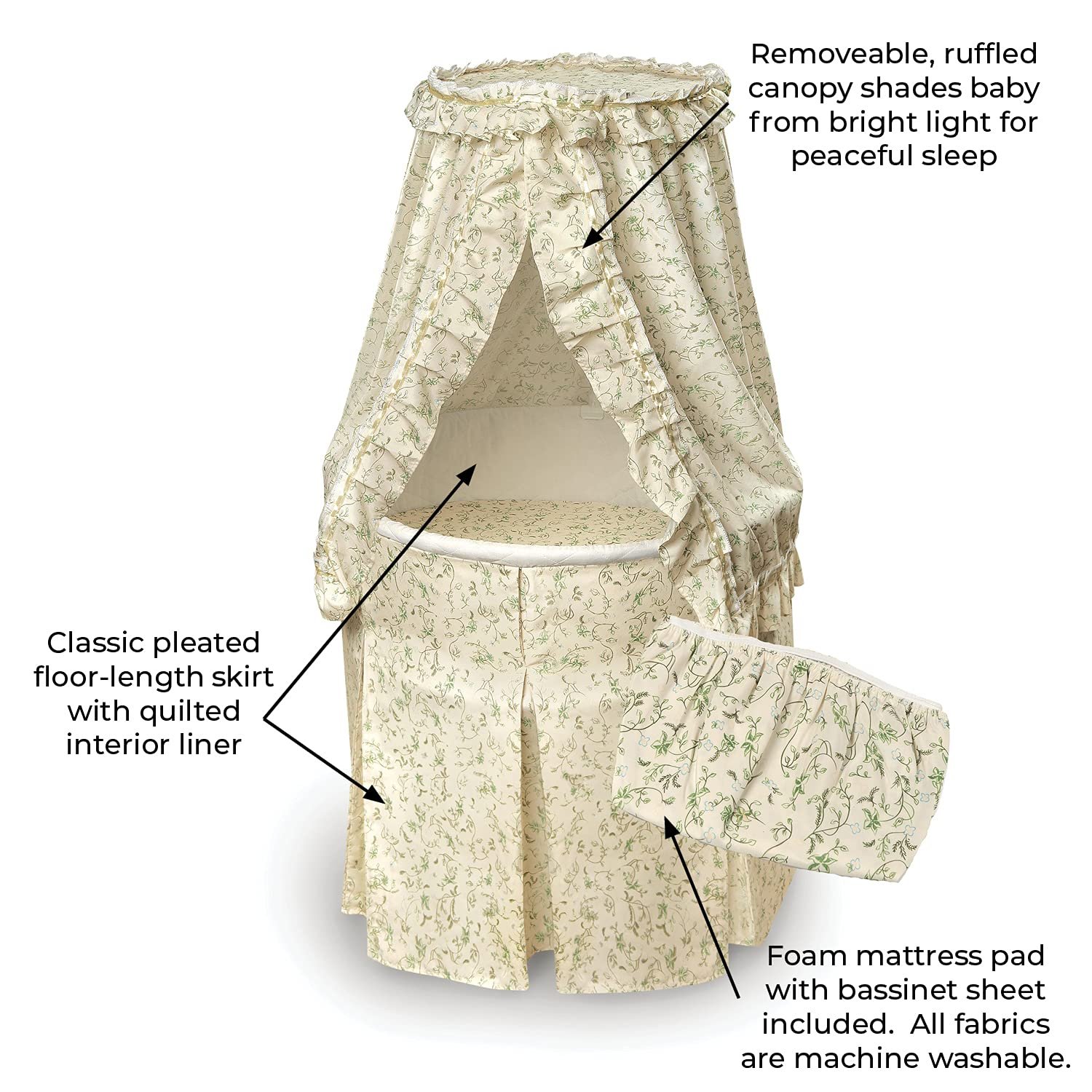 Badger Basket Empress Canopy Bassinet: Rocking Baby Cradle with Mattress, Bedding, and Storage - Ecru/Leaf, Round Design 5 1729673432 430 Badger Basket Empress Canopy Bassinet Rocking Baby Cradle with Mattress