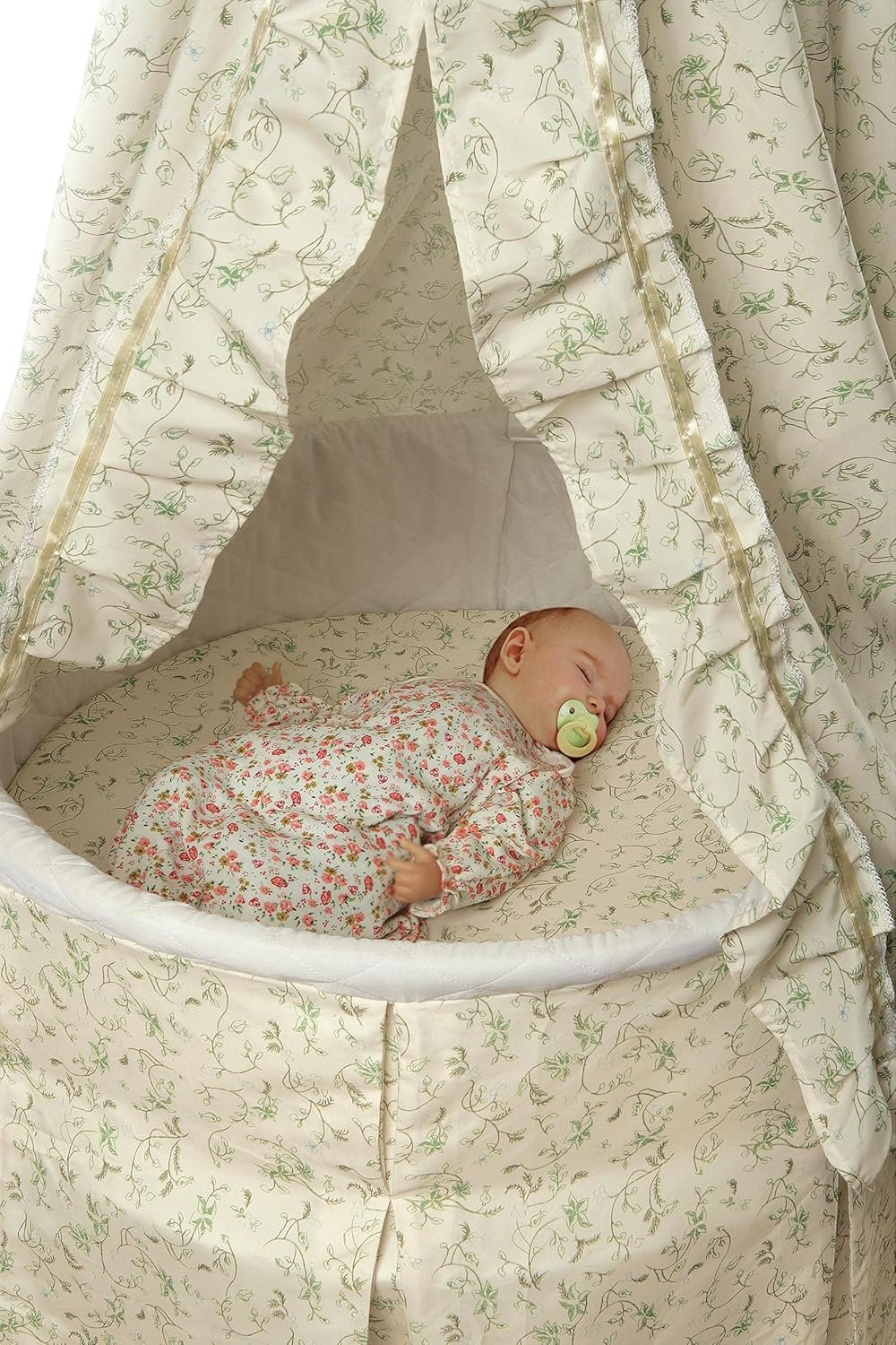 Badger Basket Empress Canopy Bassinet: Rocking Baby Cradle with Mattress, Bedding, and Storage - Ecru/Leaf, Round Design 4 1729673432 565 Badger Basket Empress Canopy Bassinet Rocking Baby Cradle with Mattress