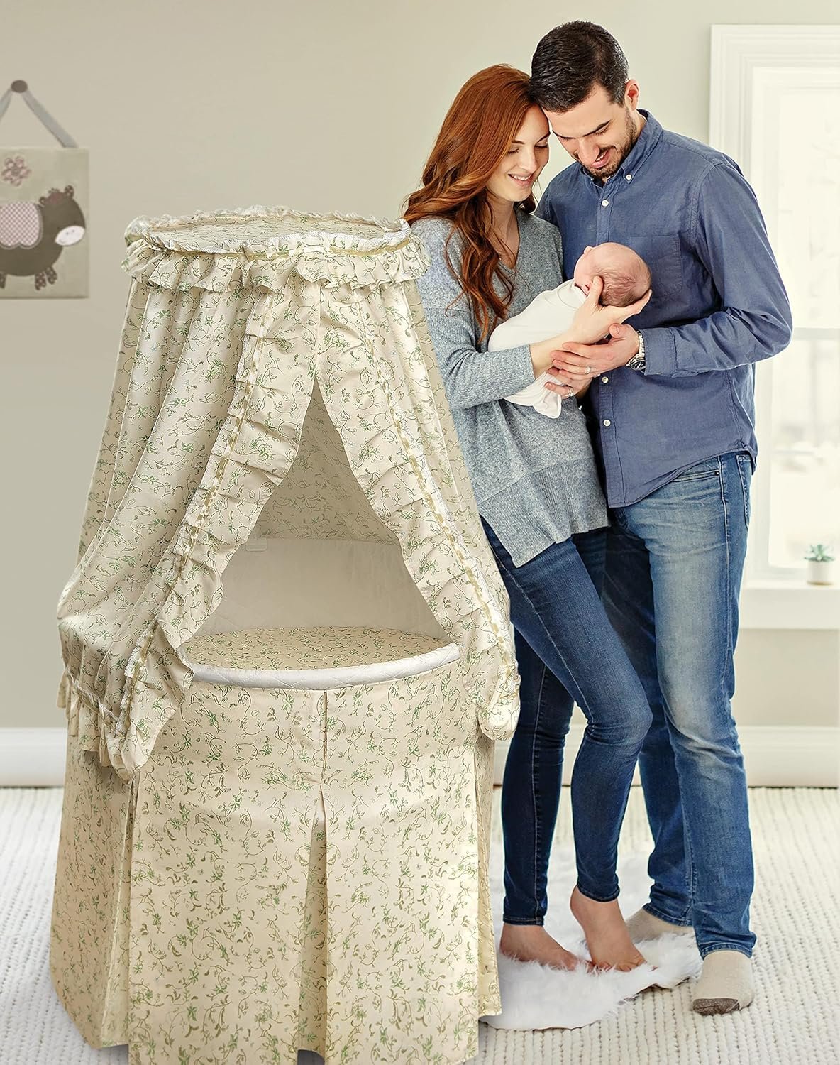 Badger Basket Empress Canopy Bassinet: Rocking Baby Cradle with Mattress, Bedding, and Storage - Ecru/Leaf, Round Design 2 1729673432 842 Badger Basket Empress Canopy Bassinet Rocking Baby Cradle with Mattress
