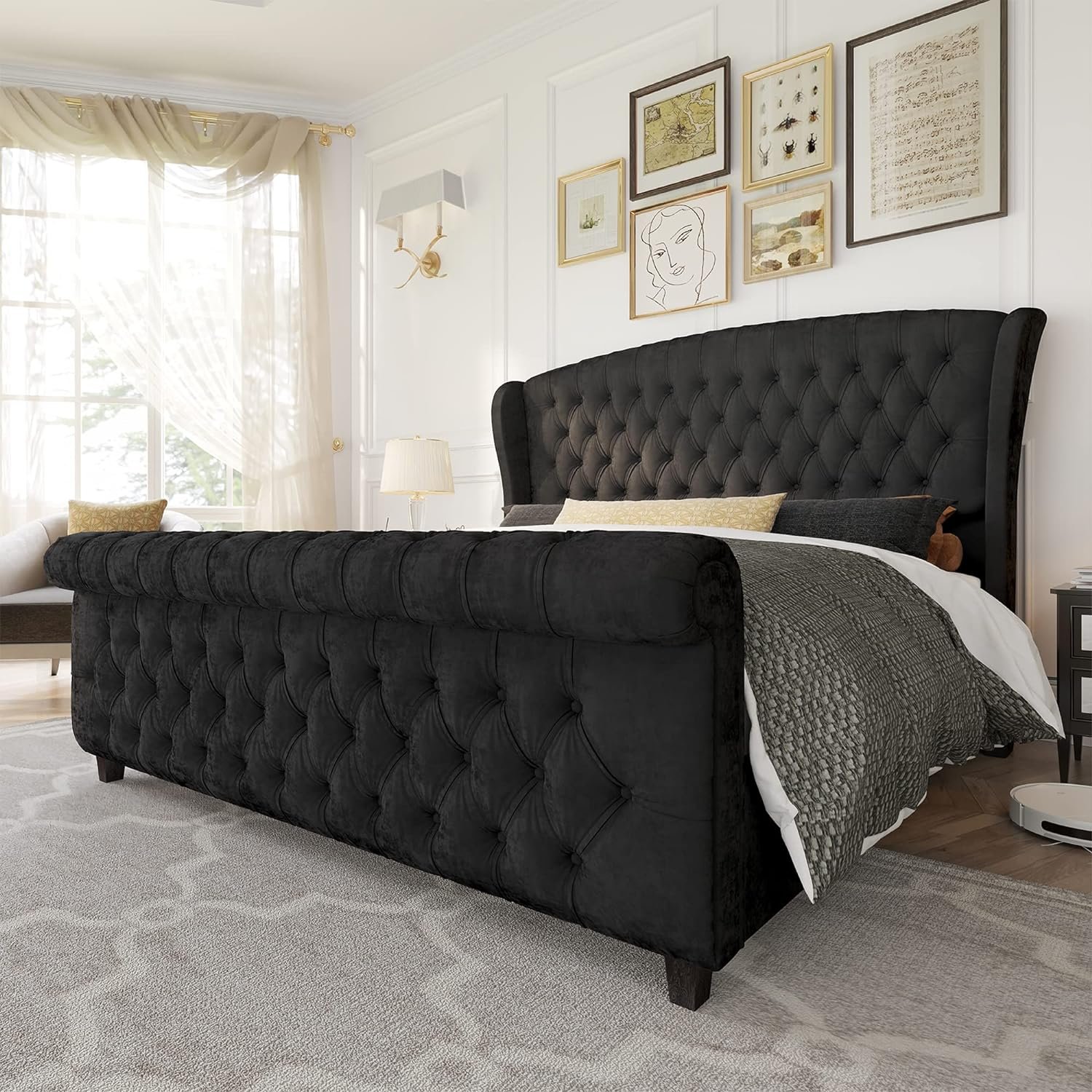 AMERLIFE King Size Velvet Upholstered Platform Bed Frame Sleigh