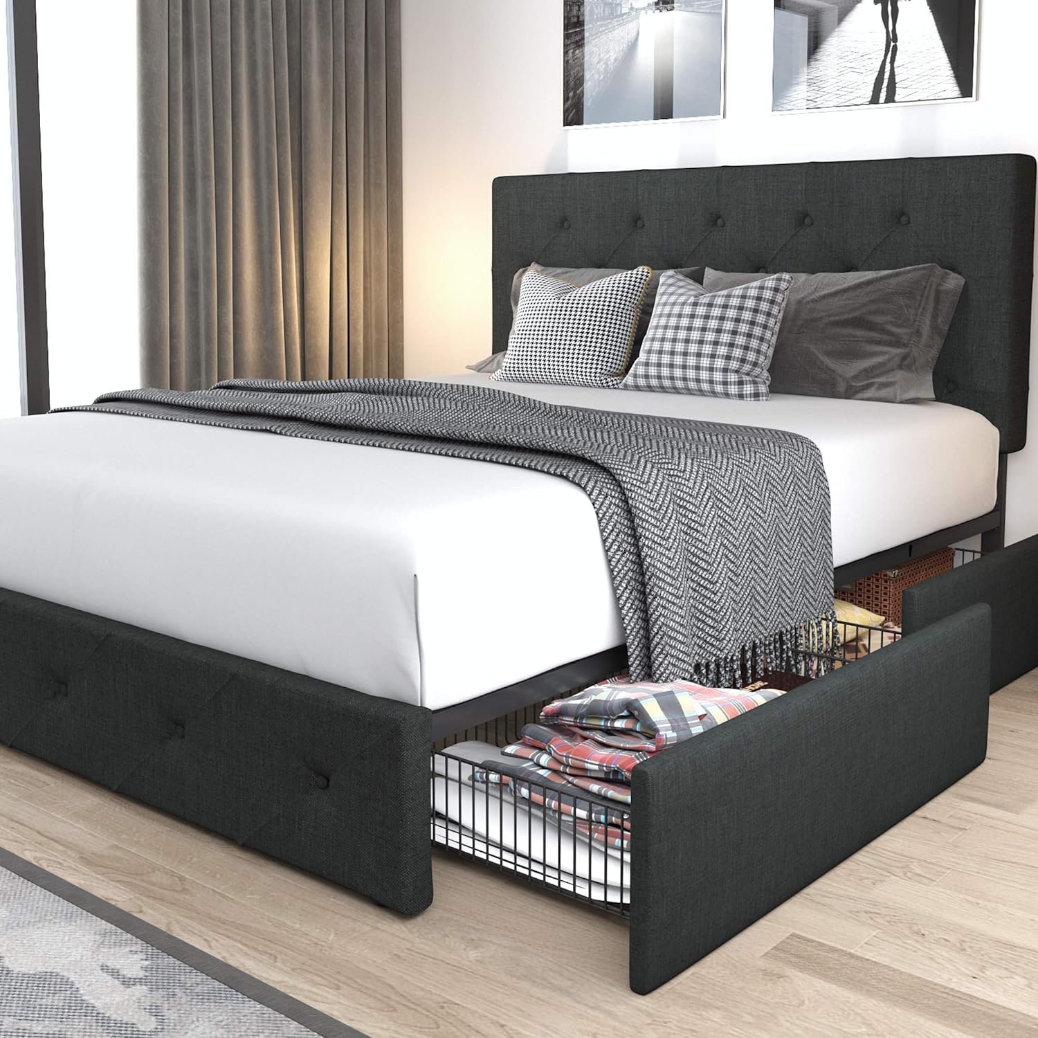Allewie Full Size Upholstered Platform Bed Frame with 4 Storage