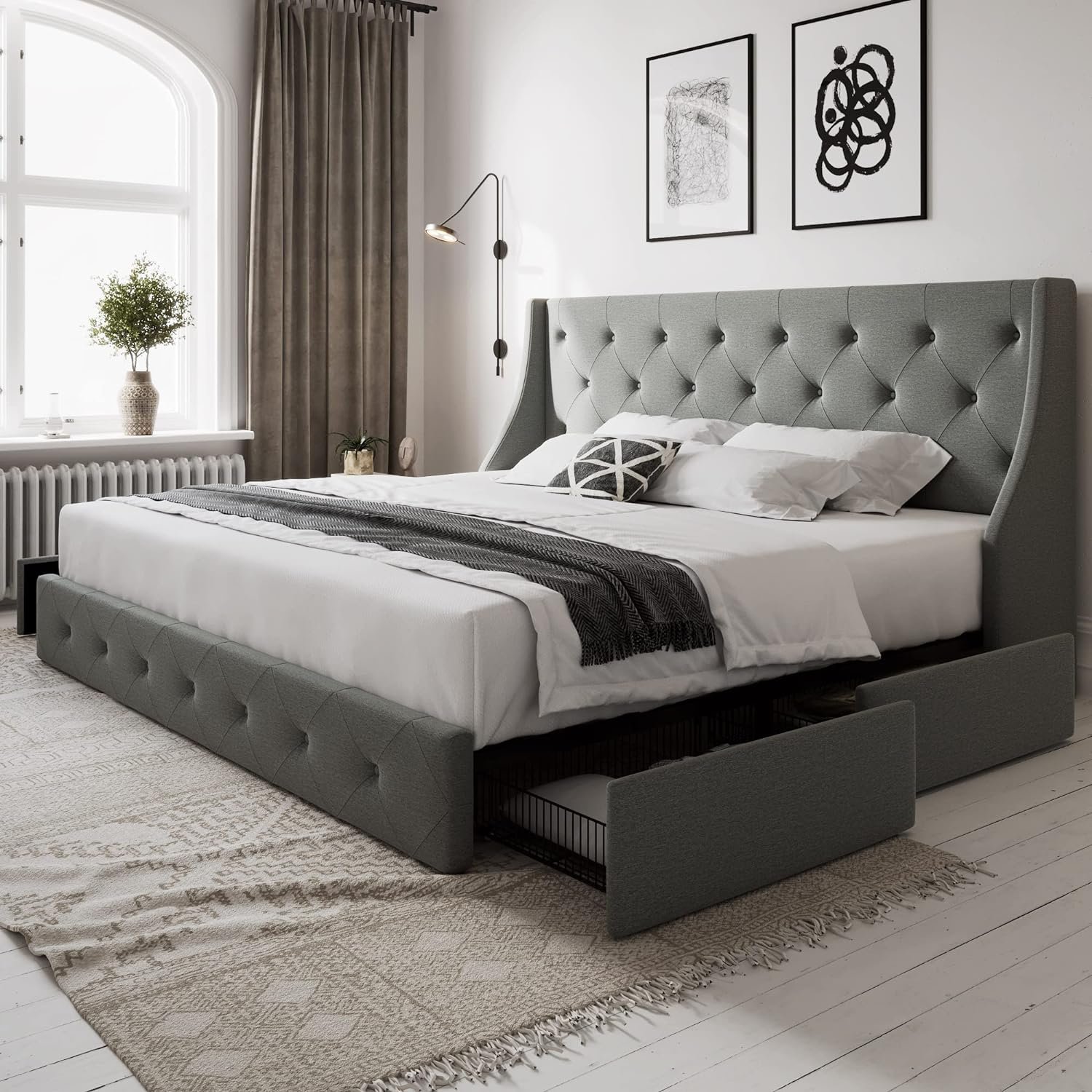 Allewie Light Grey Queen Bed Frame with Wingback Headboard Button