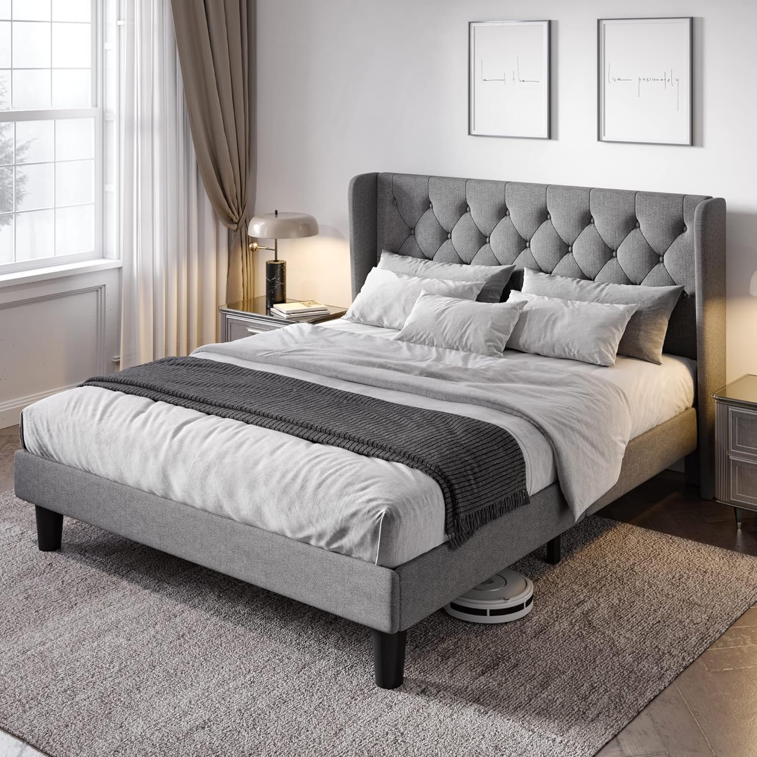Allewie Modern Queen Size Bed Frame with Button Tufted Wingback Headboard