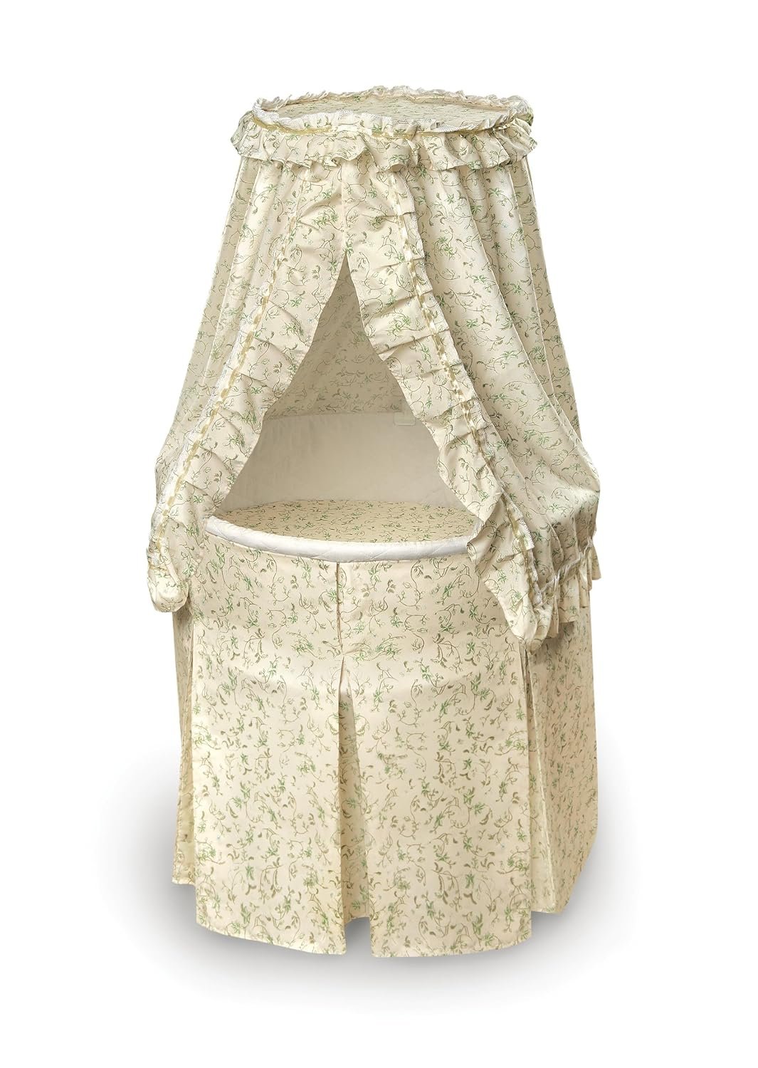 Badger Basket Empress Canopy Bassinet: Rocking Baby Cradle with Mattress, Bedding, and Storage - Ecru/Leaf, Round Design 1 Badger Basket Empress Canopy Bassinet Rocking Baby Cradle with Mattress
