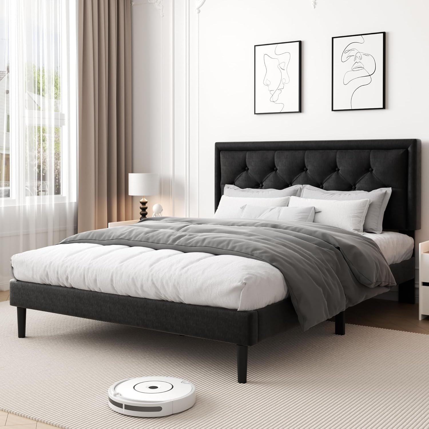Black Queen Size Platform Bed Frame with Upholstered Velvet Button Tufted