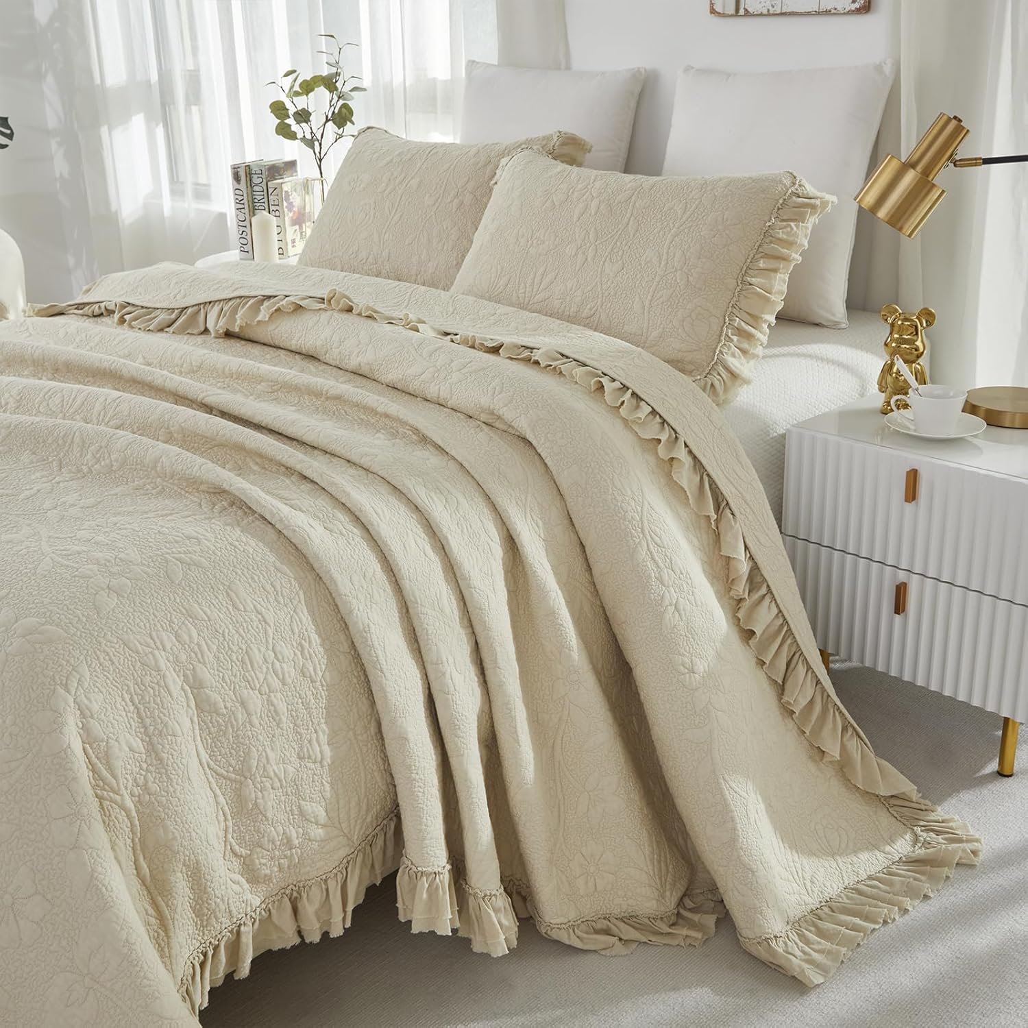 Brandream King Size Cotton Quilt Set Beige Luxury Matelasse