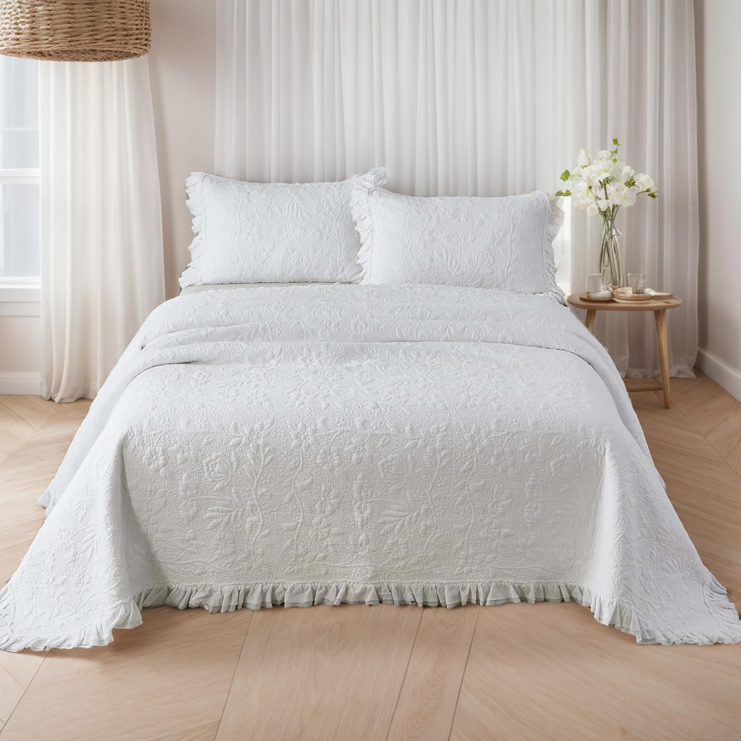 Brandream Queen Size White Quilt Set Cotton Farmhouse