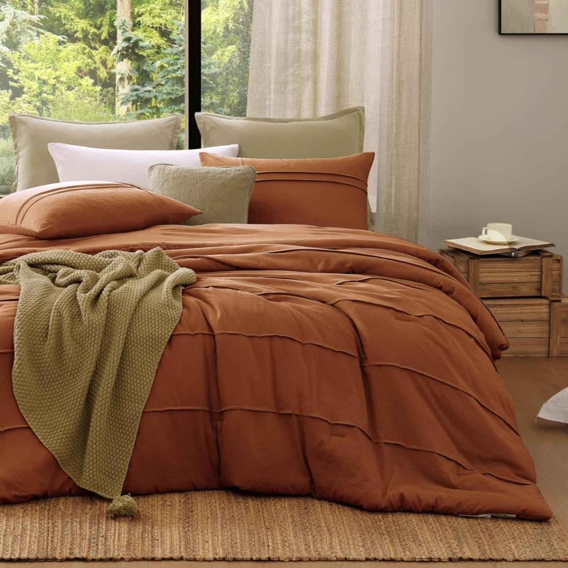 Burnt Orange King Comforter Set Pinch Pleat 3 Piece Bedding
