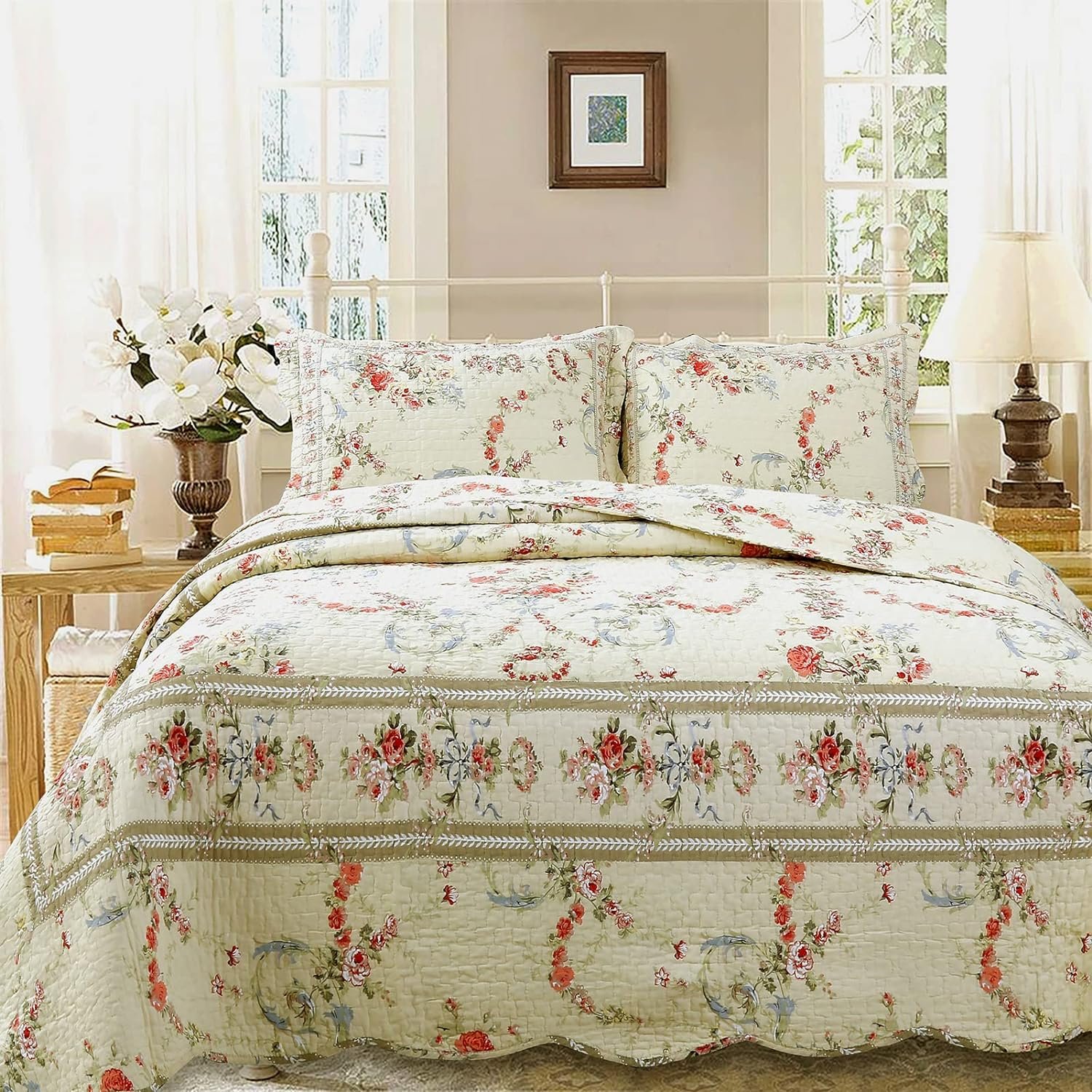 Cozy Line Home Fashions Khaki Cream and Yellow Floral Blooming