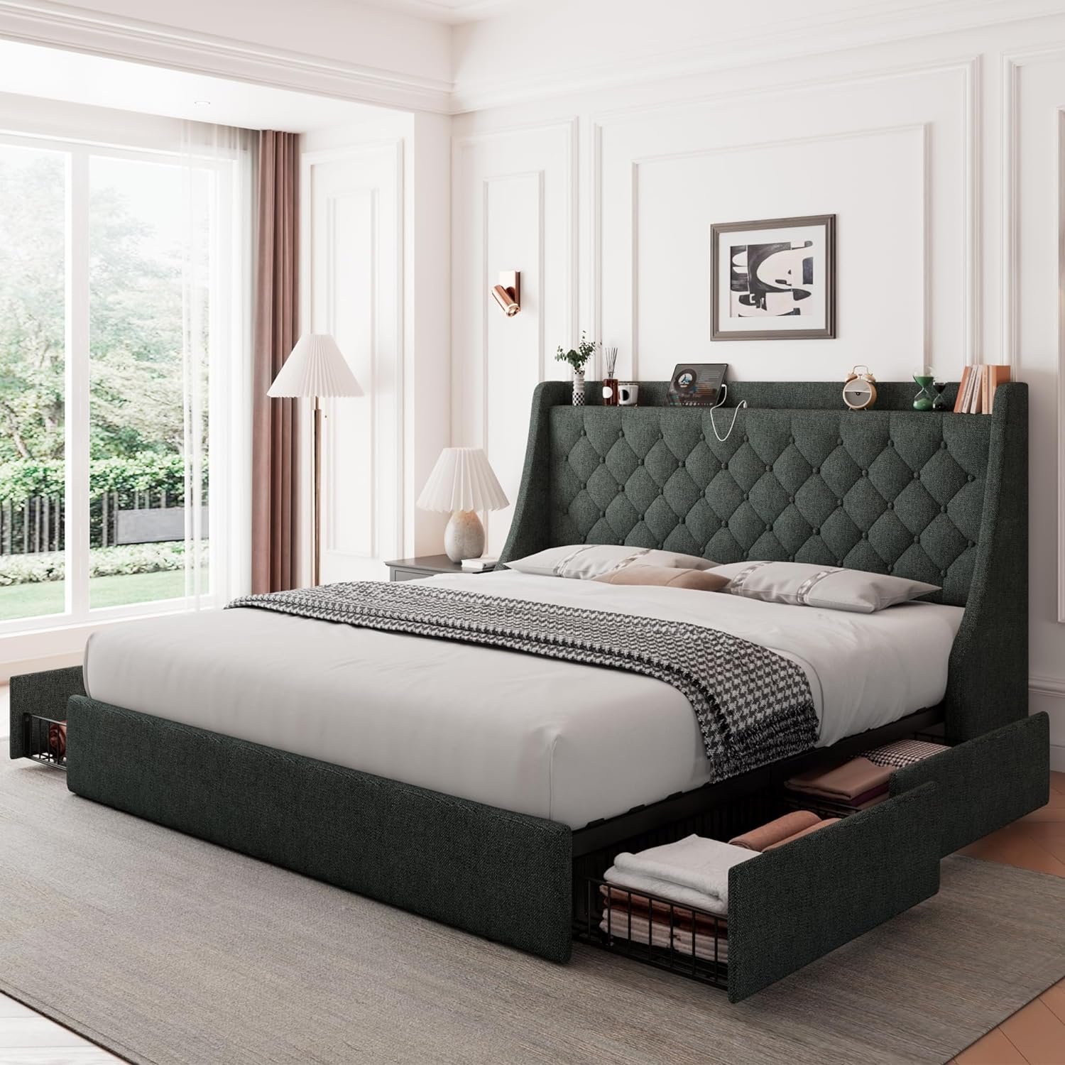 Feonase Upholstered Queen Bed Frame with 4 Storage Drawers and