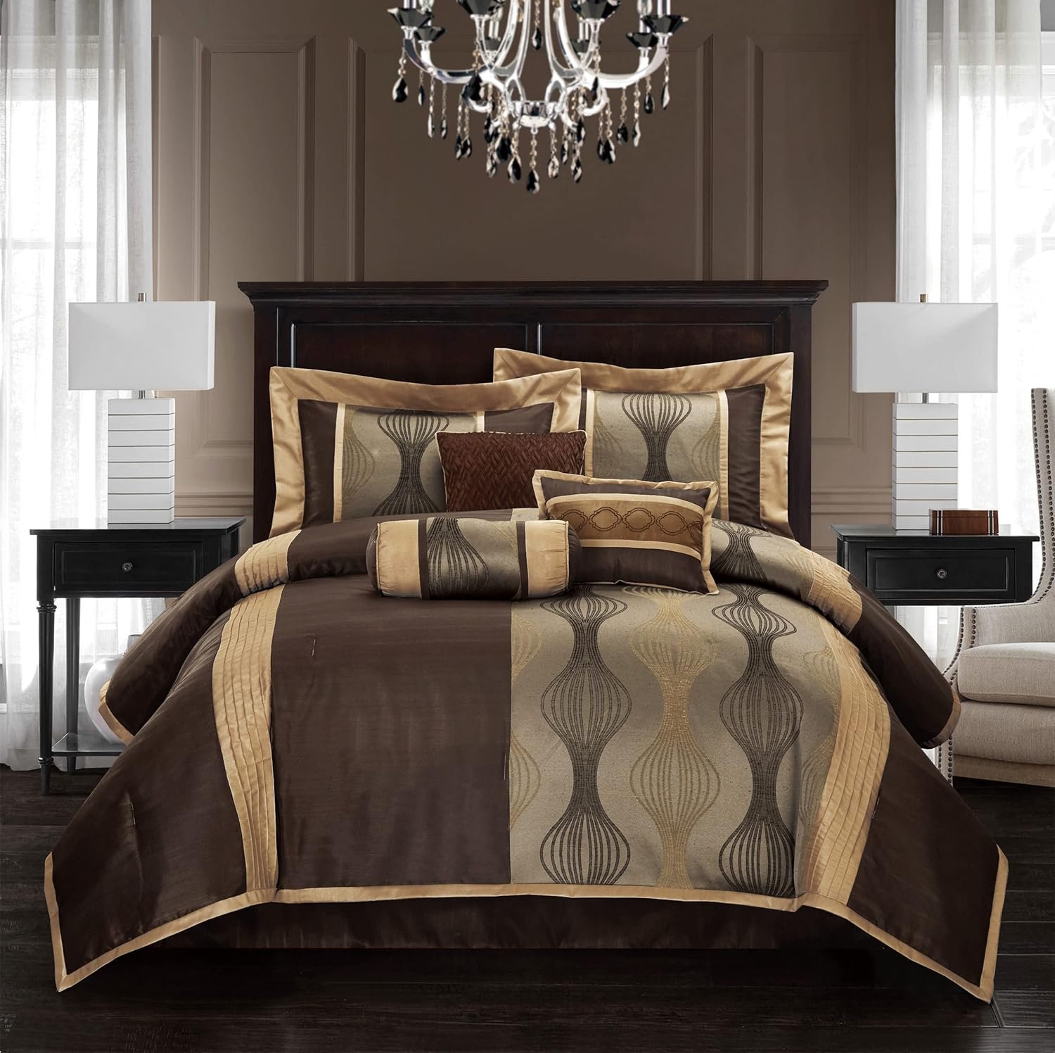 Grand Avenue Elegant Brown 7 Piece Queen Comforter Set Striped
