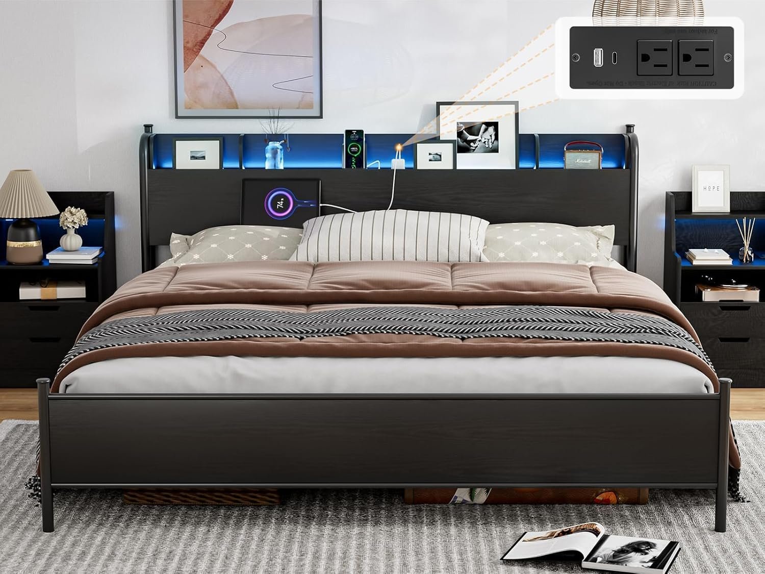 IKIFLY California King Bed Frame with Wood Storage Headboard