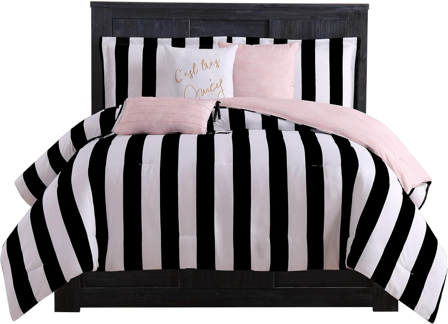 Juicy Couture JYZ010171 Cabana Stripe 6-Piece Reversible Bedding Set, King Size, Black Cabana Stripe 1 Juicy Couture JYZ010171 Cabana Stripe 6 Piece Reversible Bedding Set King