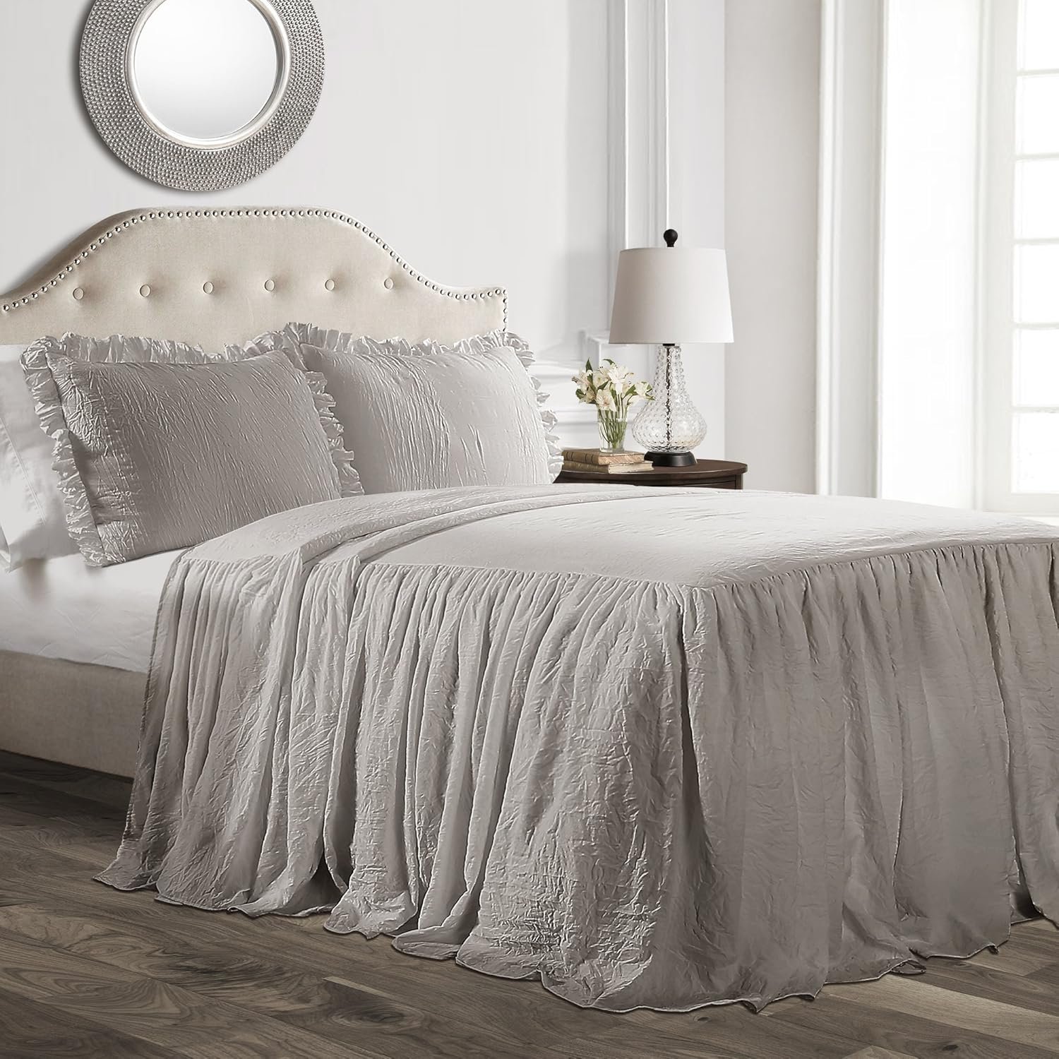 Lush Decor 3-Piece Ruffle Skirt Bedspread Set - Luxurious Farmhouse Bedding in Elegant Gray - Timeless Style with Charming Ruffle Detail - Soft, Lightweight, and Perfect for King Beds 1 Lush Decor 3 Piece Ruffle Skirt Bedspread Set Luxurious Farmhouse