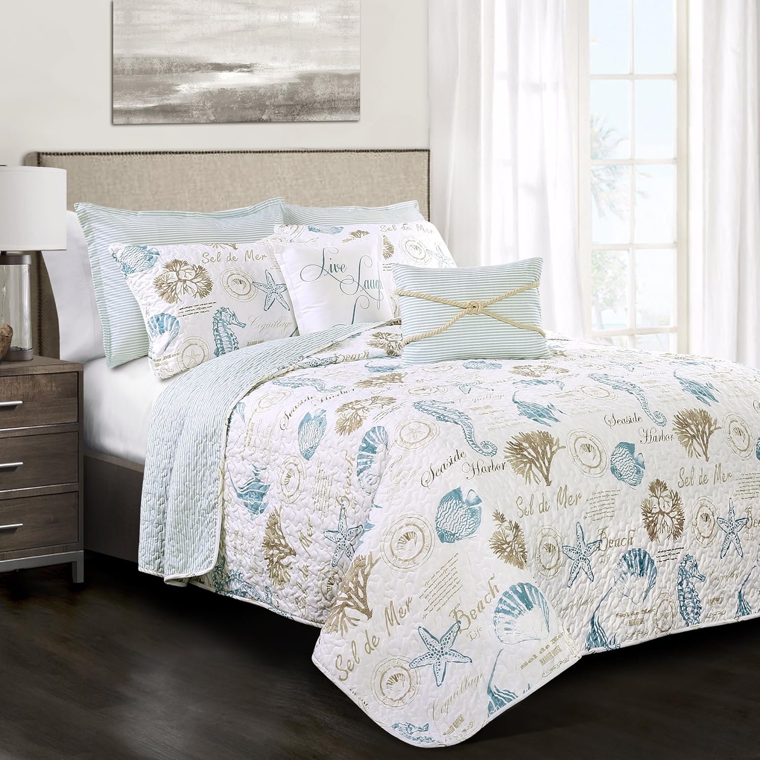 Lush Decor Harbor Life Reversible 7-Piece Quilt Set for Full/Queen, Blue & Taupe - Nautical Striped Quilt with Sea Life Design - Coastal Bedding Complete with Throw Pillows - Beach-Themed Bedroom Decor 1 Lush Decor Harbor Life Reversible 7 Piece Quilt Set for FullQueen