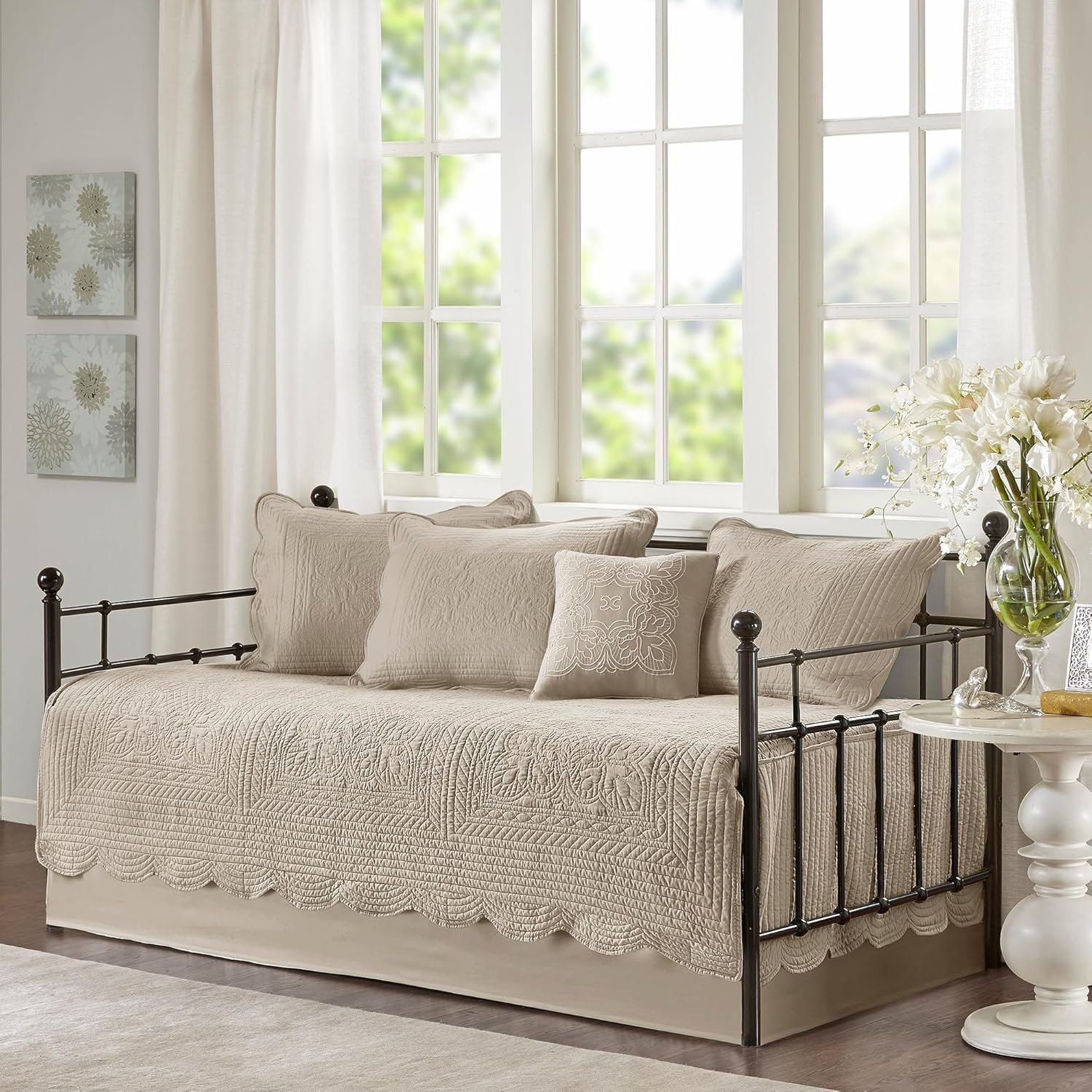 Madison Park Tuscany 6-Piece Daybed Cover Set - Damask Quilted All-Season Bedding with Scalloped Edge, Shams, Bedskirt, and Decorative Pillows in Khaki Cotton-Filled Fabric 1 Madison Park Tuscany 6 Piece Daybed Cover Set Damask Quilted