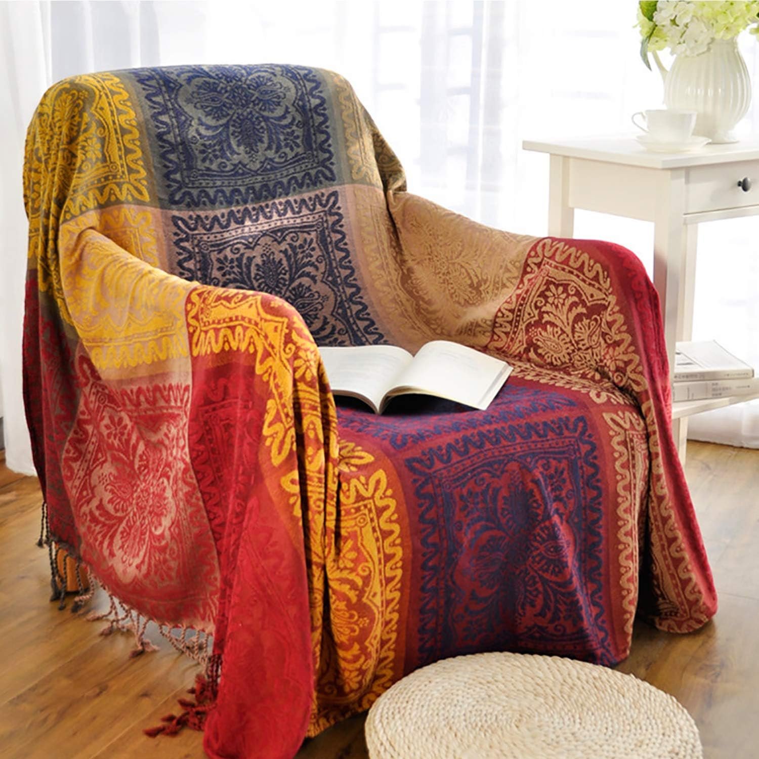 MayNest Reversible Bohemian Tribal Throw Blanket - Colorful Red and Blue Chenille Jacquard Fabric for Couch, Sofa, Recliner, and Loveseat (Oversized, 75x60) 1 MayNest Reversible Bohemian Tribal Throw Blanket Colorful Red and