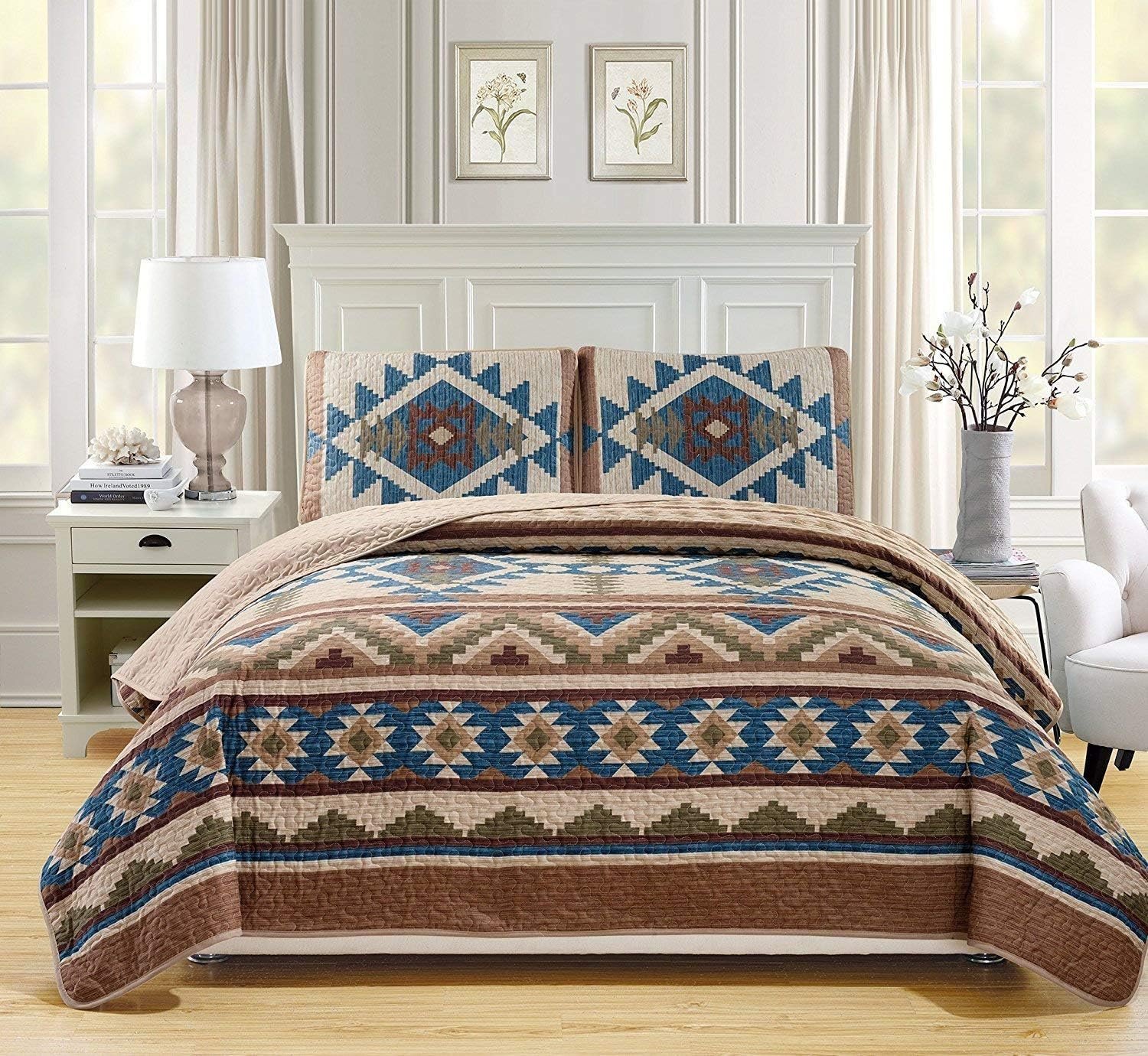Oversized Bedspread Quilt Set with Rustic Southwestern Navajo Tribal Design in Beige, Taupe, Brown, Blue, and Green - Austin Taupe (Full/Queen) 1 Oversized Bedspread Quilt Set with Rustic Southwestern Navajo Tribal Design