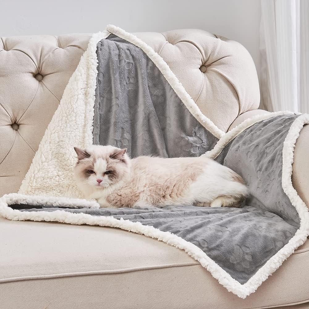 Qeils Waterproof Pet Blanket for Cats - Washable Sherpa Fleece Dog Blanket, Soft Reversible Plush Throw Protector for Bed, Couch, Car, Sofa - 25" x 30", Grey 1 Qeils Waterproof Pet Blanket for Cats Washable Sherpa Fleece