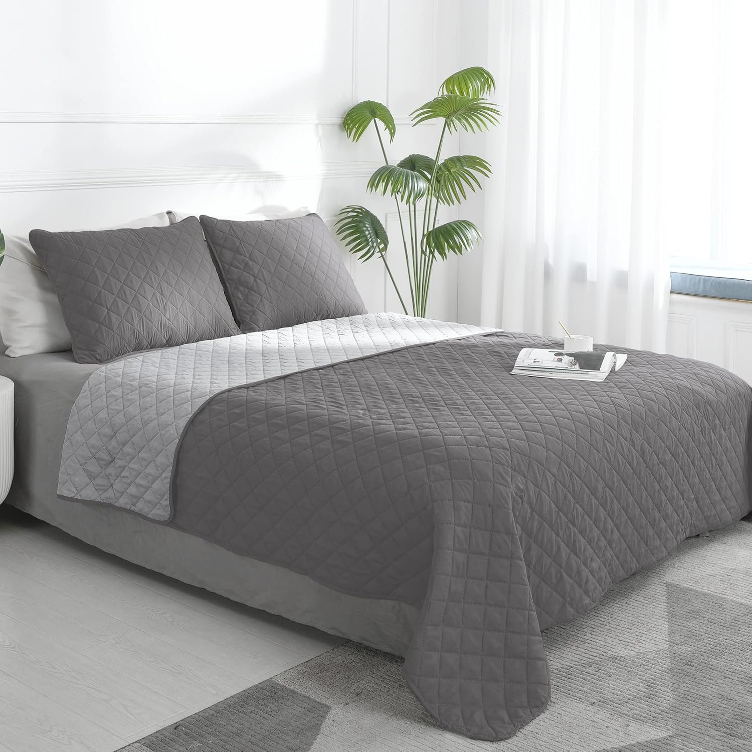 Reversible GrayLight Gray FullQueen Quilt Set Includes 1 Quilt