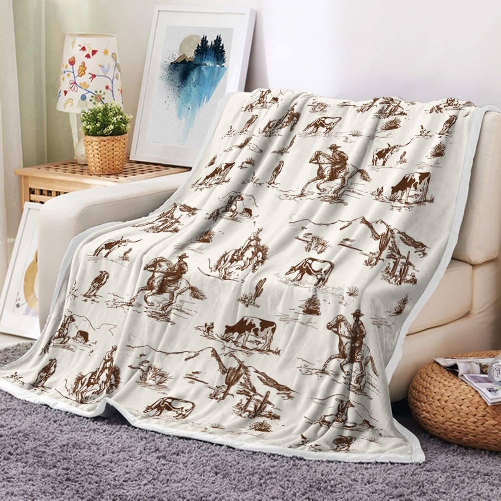 Western Cowboy Throw Blanket: Cozy Fleece Flannel Decor Featuring Wild West Horses, Desert Cacti, and Farmhouse American West Themes for Your Bedroom and Living Room 1 Western Cowboy Throw Blanket Cozy Fleece Flannel Decor Featuring Wild